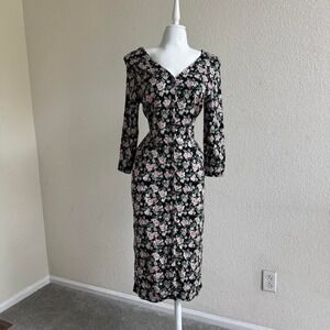 D.B.Y. Vintage black floral midi dress with adjustable waist 3/4 sleeves